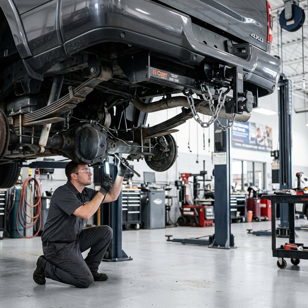 Mechanic holding a work light and wrench while inspecting the undercarriage of a truck raised on a hydraulic lift. (Representative image for illustration purposes only. Actual vehicle may vary based on trim and configuration.)
