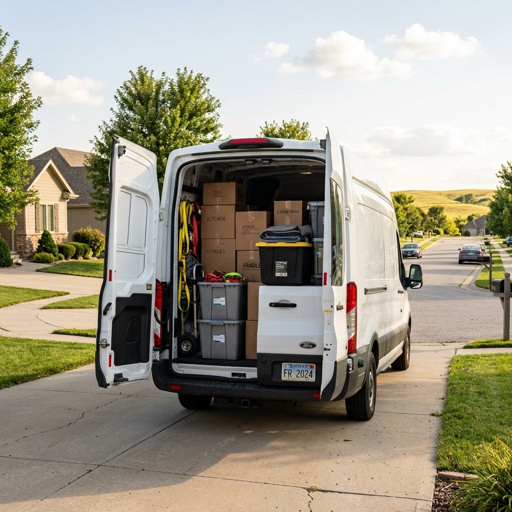 Open back of a white moving van filled with labeled cardboard boxes and plastic totes parked in a suburban driveway. (Representative image for illustration purposes only. Actual vehicle may vary based on trim and configuration.)