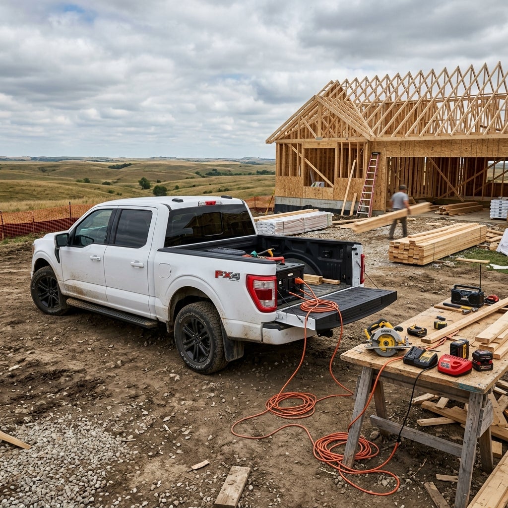 White pickup truck at a home construction site with power tools connected to its bed-mounted outlet by an orange cord. (Representative image for illustration purposes only. Actual vehicle may vary based on trim and configuration.)