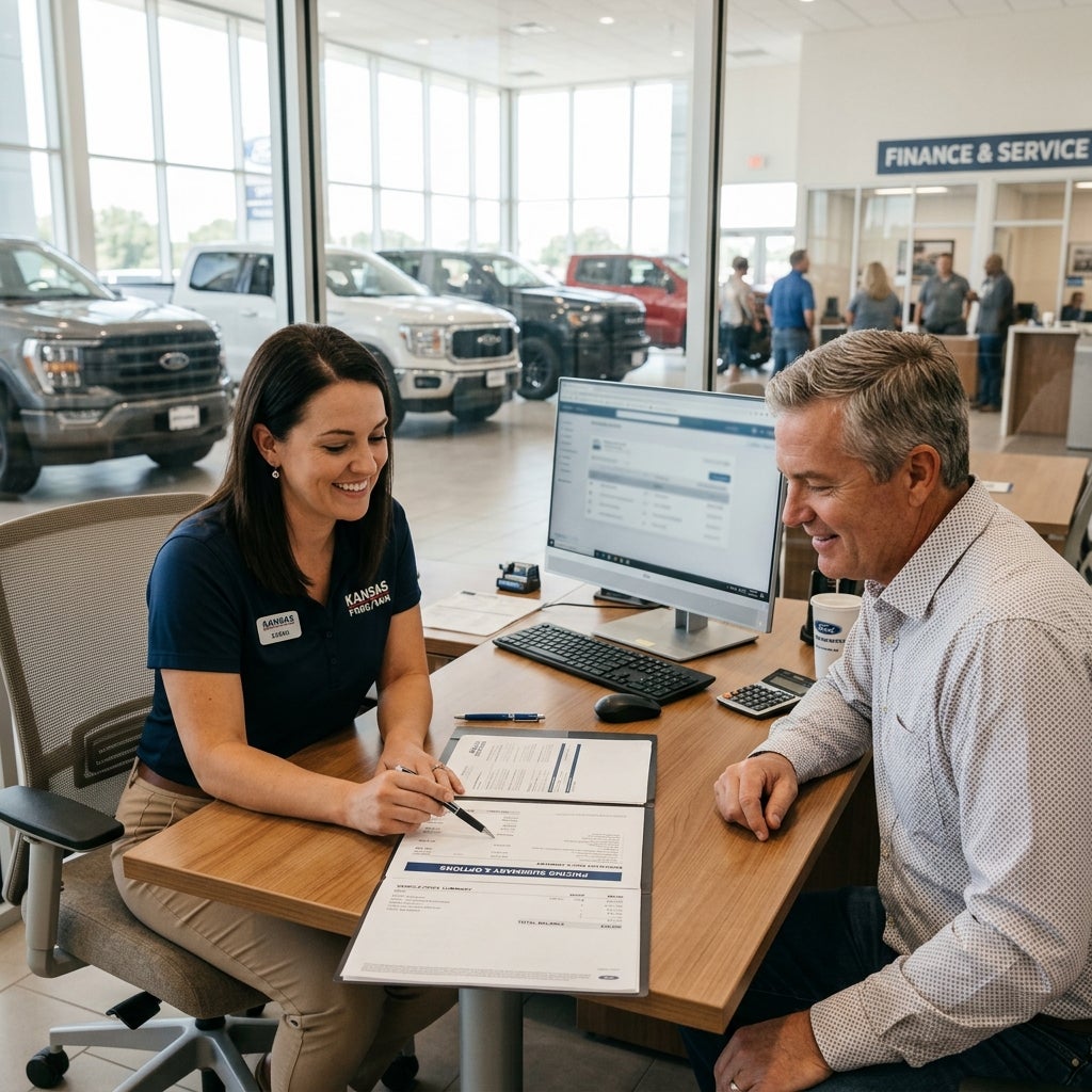 A female car dealership employee points to paperwork while discussing pricing options with a male customer at a desk. (Representative image for illustration purposes only. Actual vehicle may vary based on trim and configuration.)