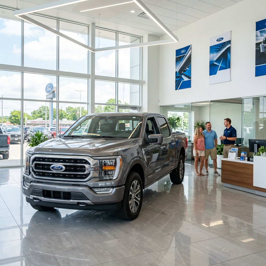 A grey Ford F-150 pickup truck on display inside a bright dealership showroom with a couple talking to a salesperson. (Representative image for illustration purposes only. Actual vehicle may vary based on trim and configuration.)