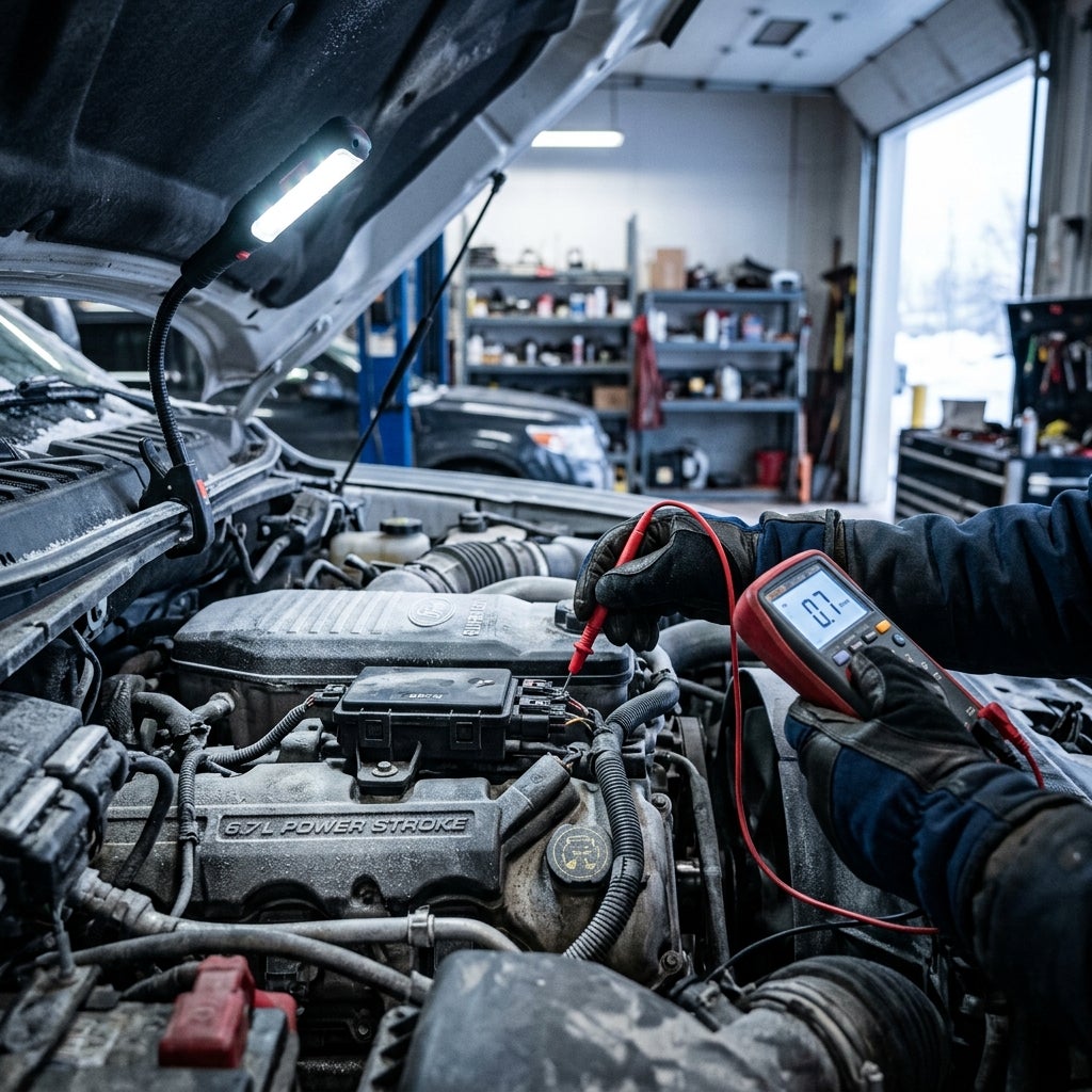 Mechanic holding a multimeter to test electrical wiring on a Ford 6.7L Power Stroke diesel engine in a shop. (Representative image for illustration purposes only. Actual vehicle may vary based on trim and configuration.)