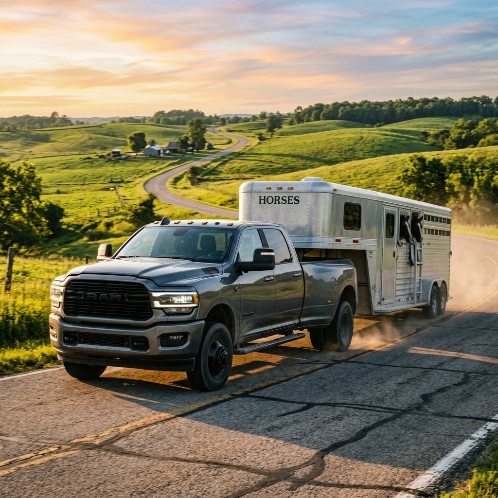A gray Ram dually truck towing a silver horse trailer on a winding country road at sunset. (Representative image for illustration purposes only. Actual vehicle may vary based on trim and configuration.)