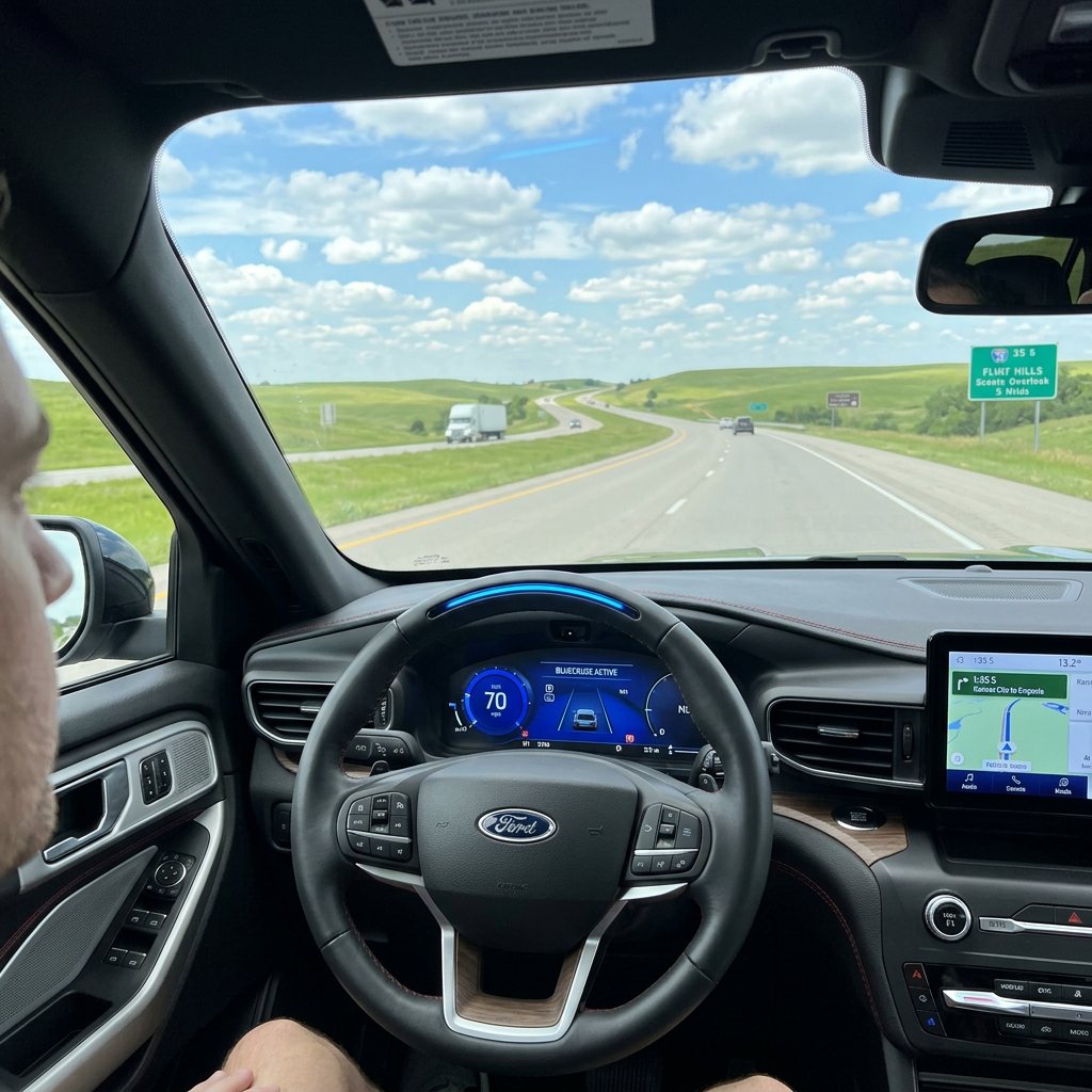 Interior view of a Ford vehicle driving on a highway with BlueCruise active, showing the digital dashboard and green hills. (Representative image for illustration purposes only. Actual vehicle may vary based on trim and configuration.)