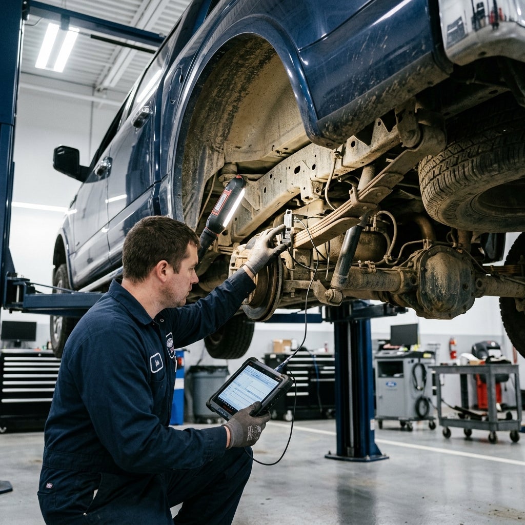 A mechanic uses a diagnostic tablet to inspect the rear suspension of a blue pickup truck on a hydraulic lift. (Representative image for illustration purposes only. Actual vehicle may vary based on trim and configuration.)