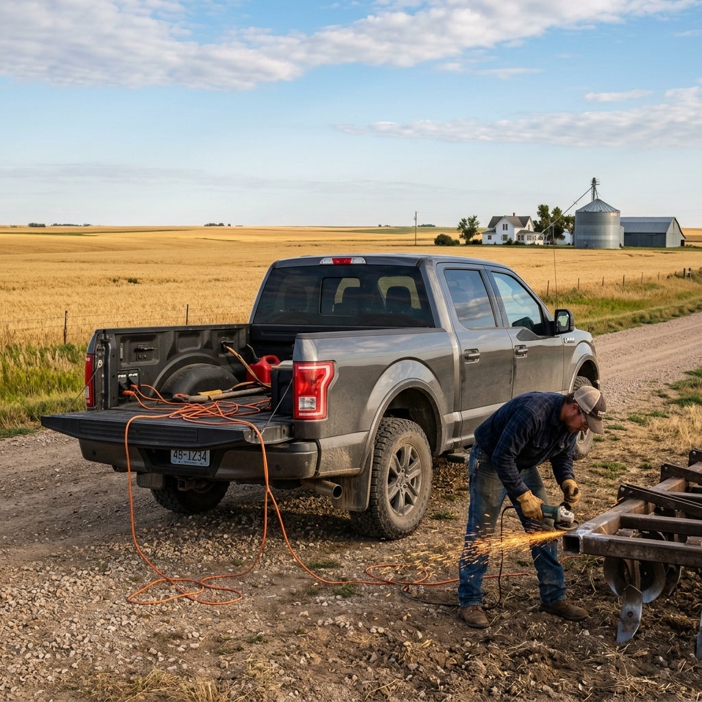 A man uses an angle grinder on farm equipment beside a grey pickup truck in a rural field. (Representative image for illustration purposes only. Actual vehicle may vary based on trim and configuration.)