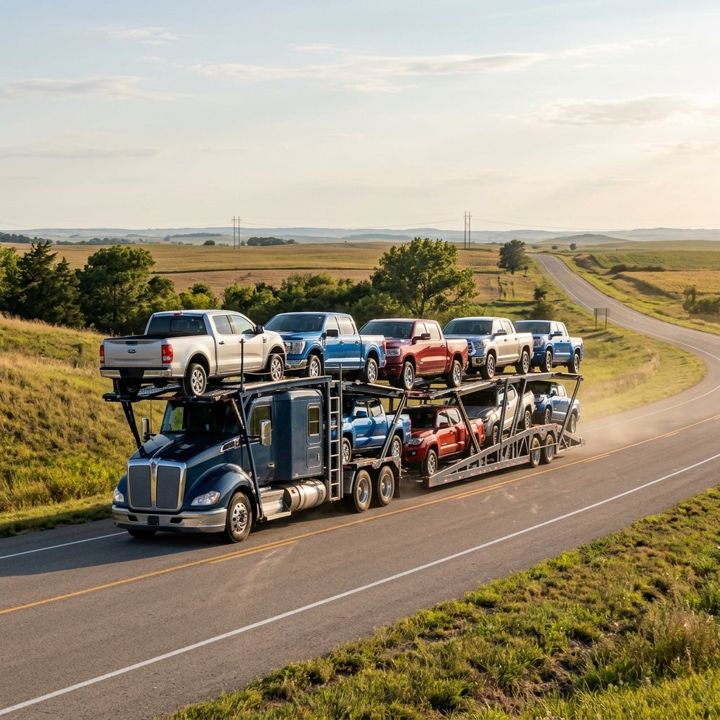 A blue car hauler truck loaded with pickup trucks driving along a scenic rural highway through rolling hills. (Representative image for illustration purposes only. Actual vehicle may vary based on trim and configuration.)