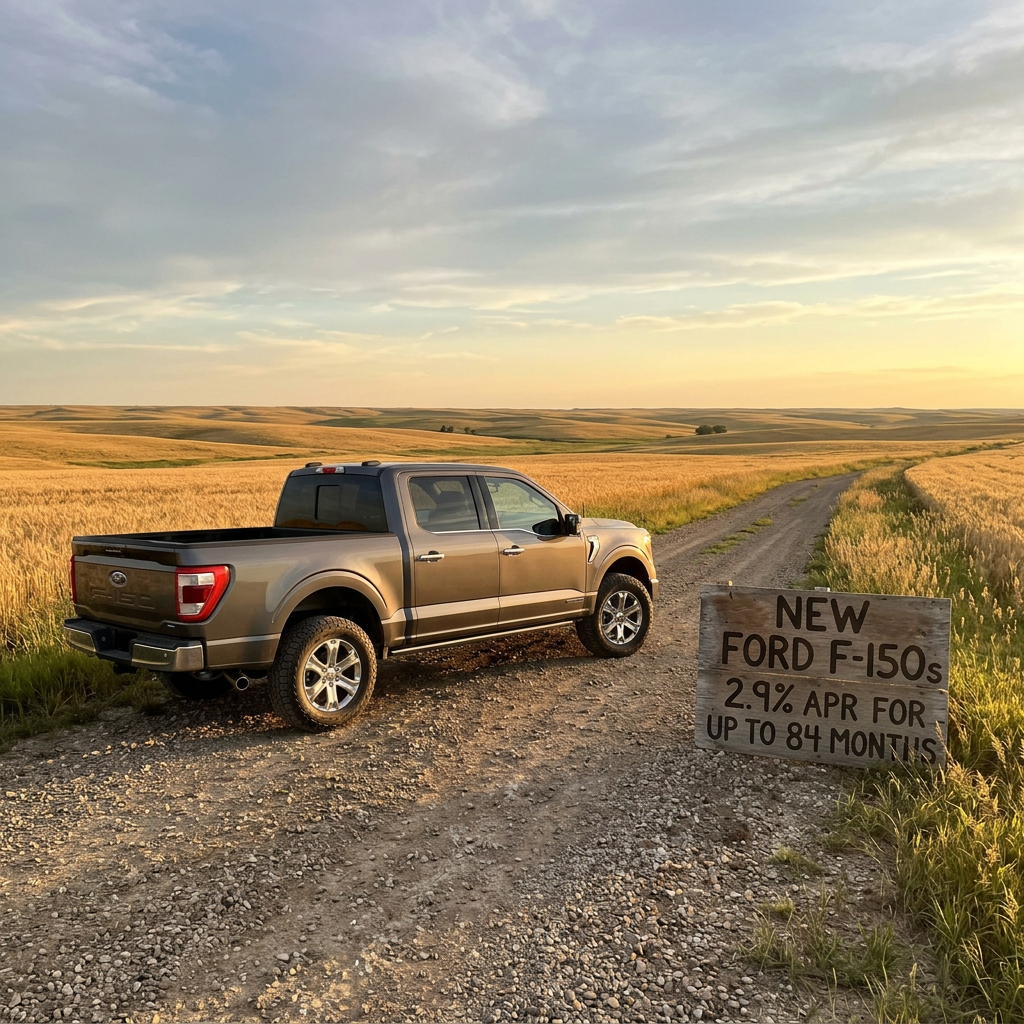 {
 "altText": "A Ford F-150 pickup truck parked on a gravel country road next to a wooden sign advertising financing offers. (Representative image for illustration purposes only. Actual vehicle may vary based on trim and configuration.)