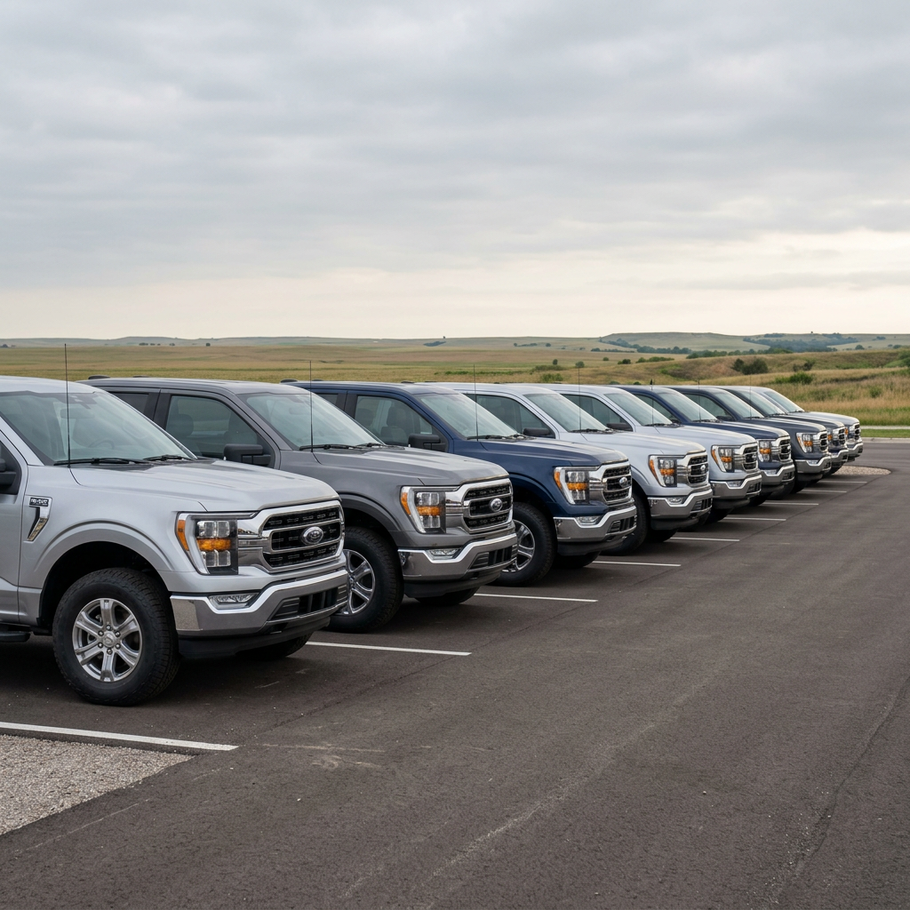 A row of brand new Ford F-150 trucks parked in a lot under an overcast sky. (Representative image for illustration purposes only. Actual vehicle may vary based on trim and configuration.)