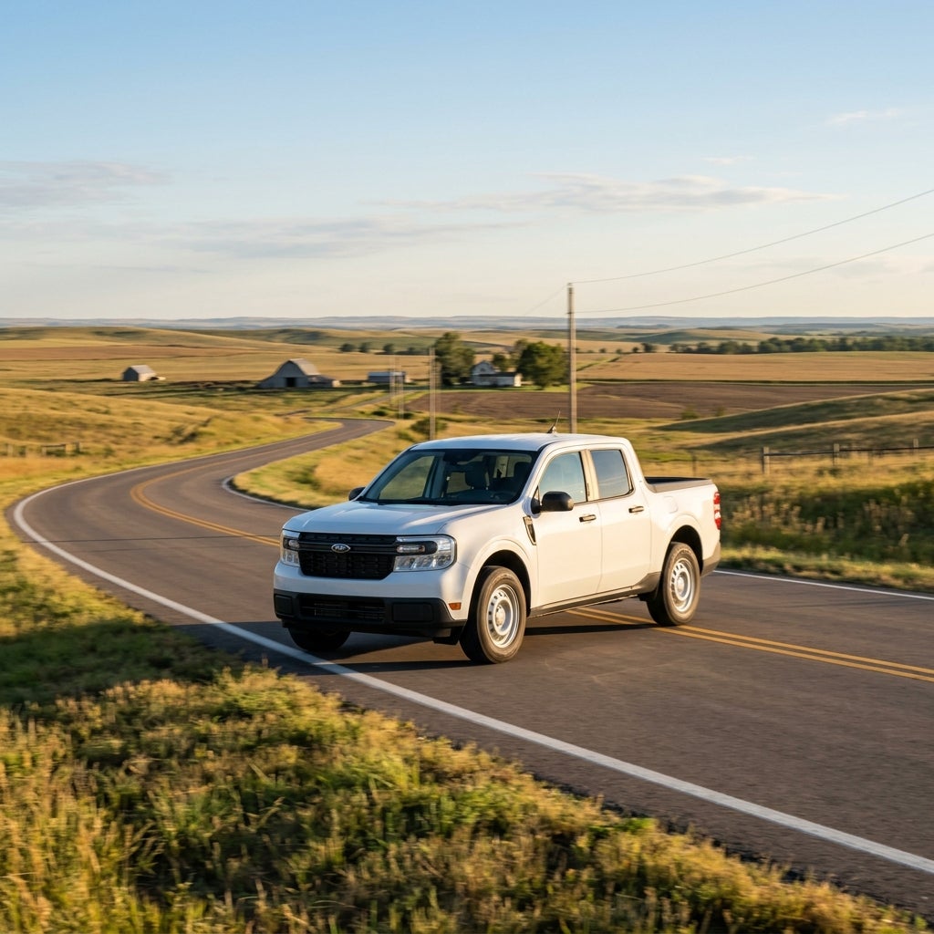 White Ford Maverick pickup truck driving on a winding country road through rolling hills. (Representative image for illustration purposes only. Actual vehicle may vary based on trim and configuration.)