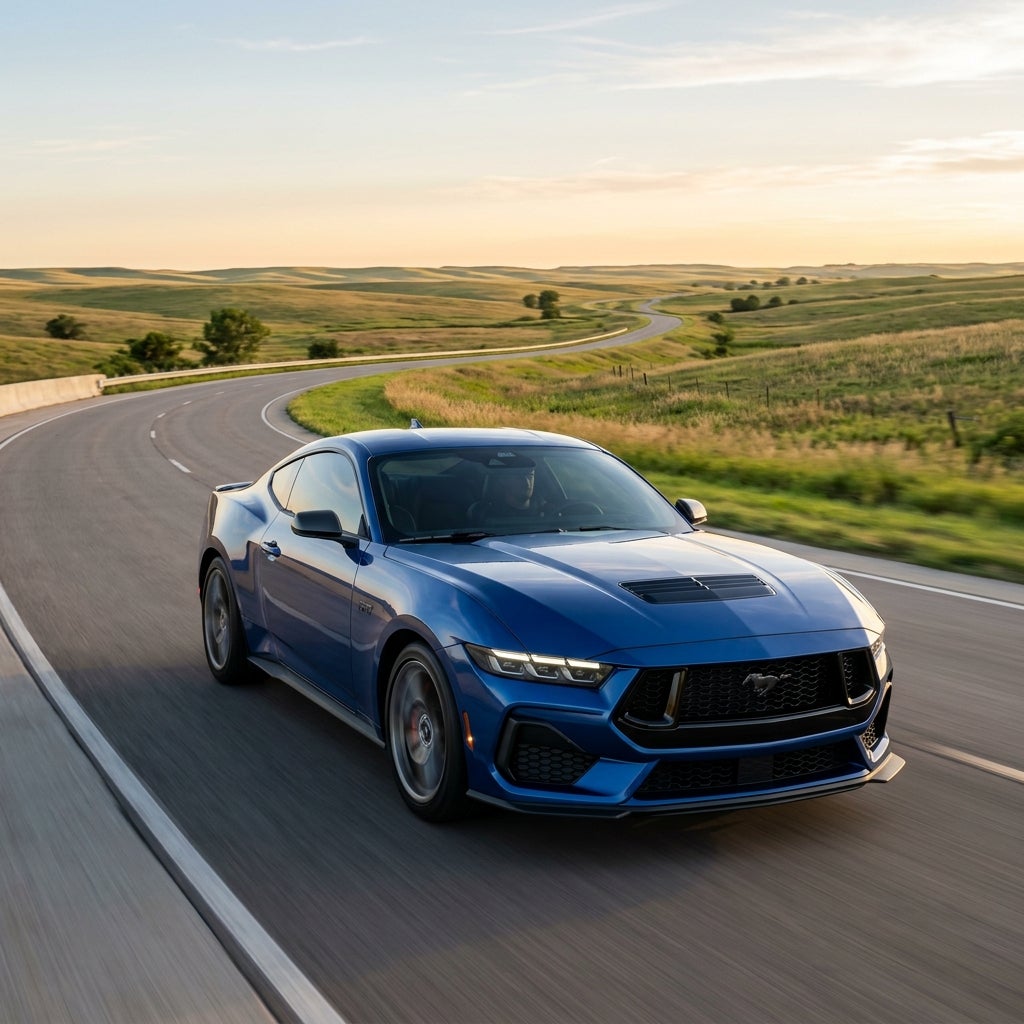 A blue Ford Mustang GT driving on a winding country road through rolling green hills during golden hour. (Representative image for illustration purposes only. Actual vehicle may vary based on trim and configuration.)