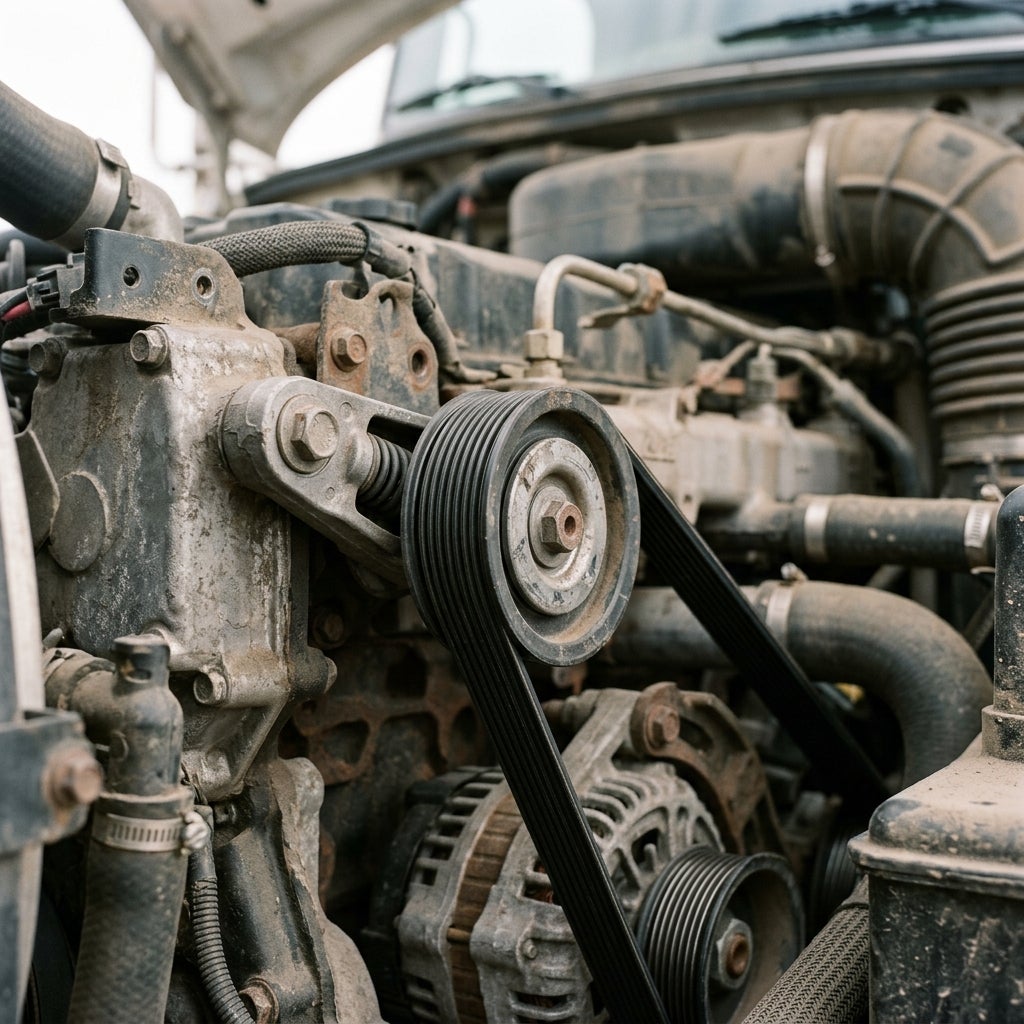 A close-up of a dusty vehicle engine showing a black serpentine belt wrapped around tensioner pulleys and an alternator. (Representative image for illustration purposes only. Actual vehicle may vary based on trim and configuration.)