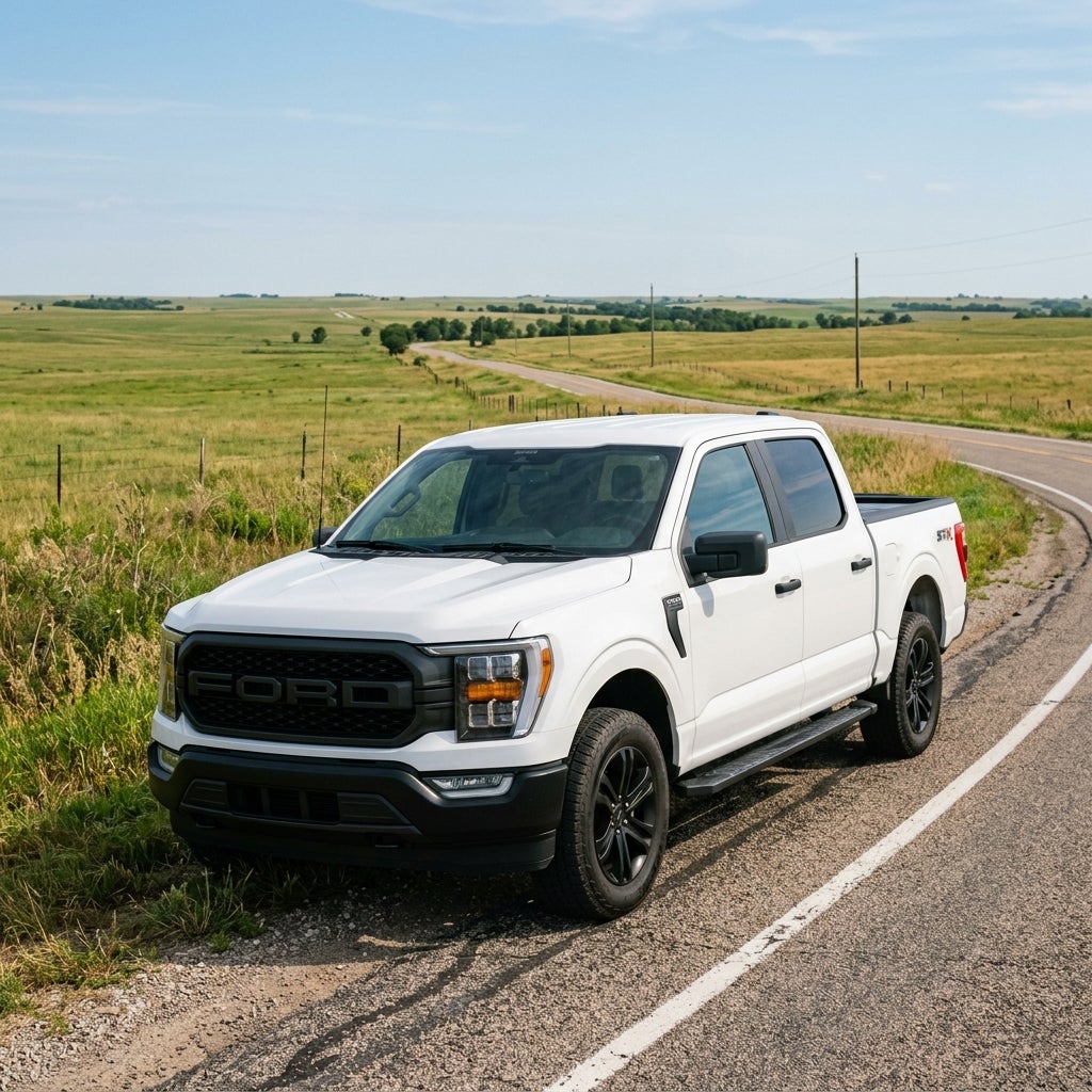 White Ford F-150 pickup truck parked on the shoulder of a rural paved road in a vast grassland. (Representative image for illustration purposes only. Actual vehicle may vary based on trim and configuration.)
