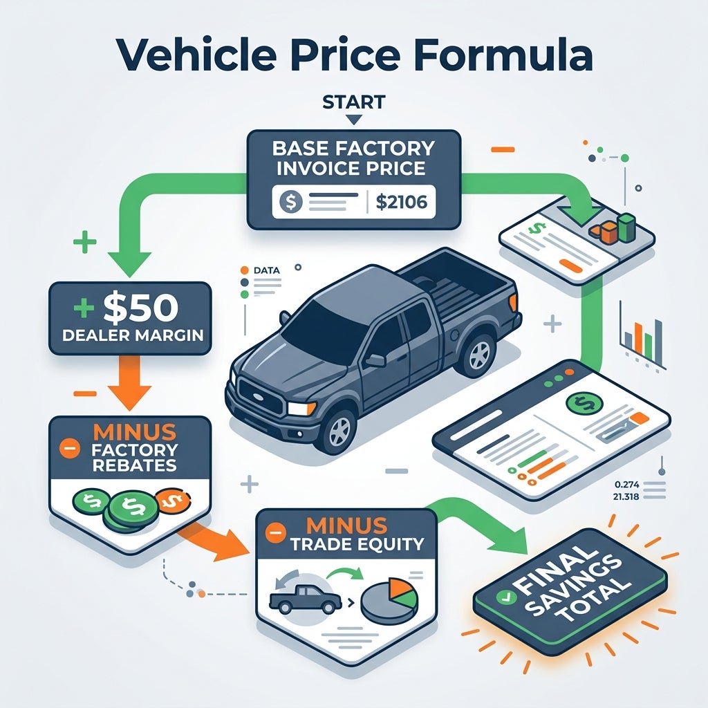 Infographic displaying the vehicle price formula flowchart with a pickup truck graphic at the center. (Representative image for illustration purposes only. Actual vehicle may vary based on trim and configuration.)