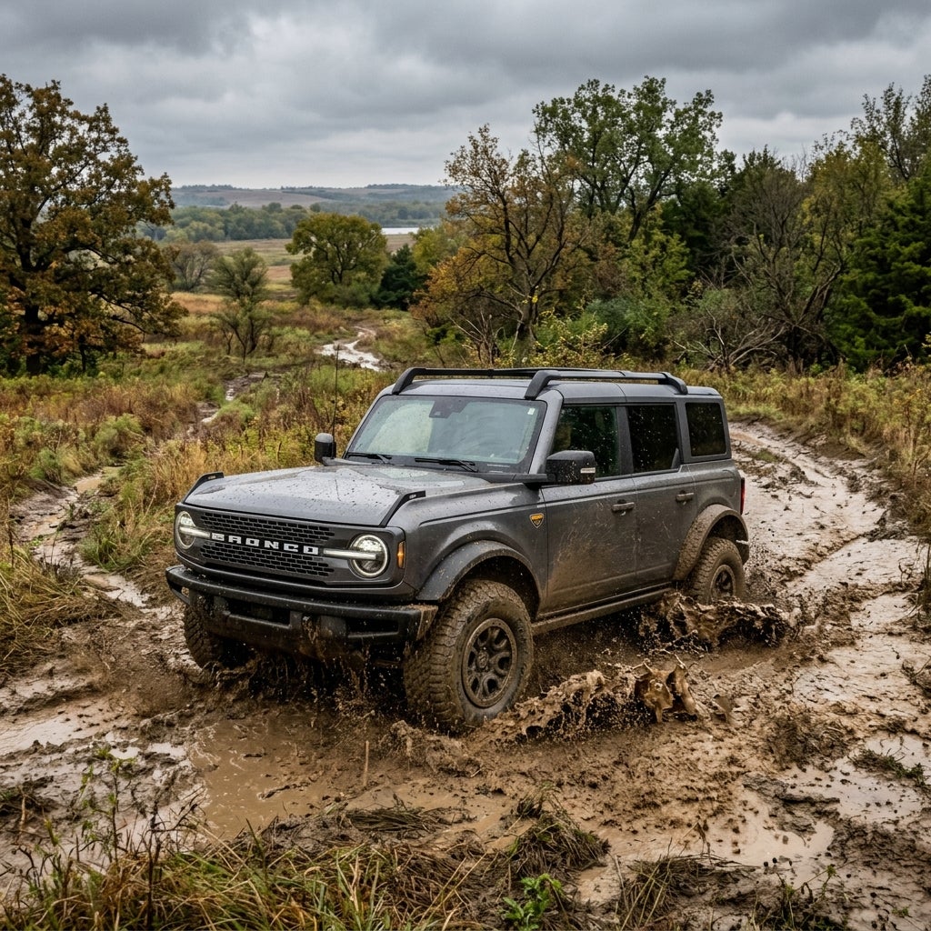 A grey Ford Bronco splashes through thick brown mud on an off-road trail under an overcast sky. (Representative image for illustration purposes only. Actual vehicle may vary based on trim and configuration.)