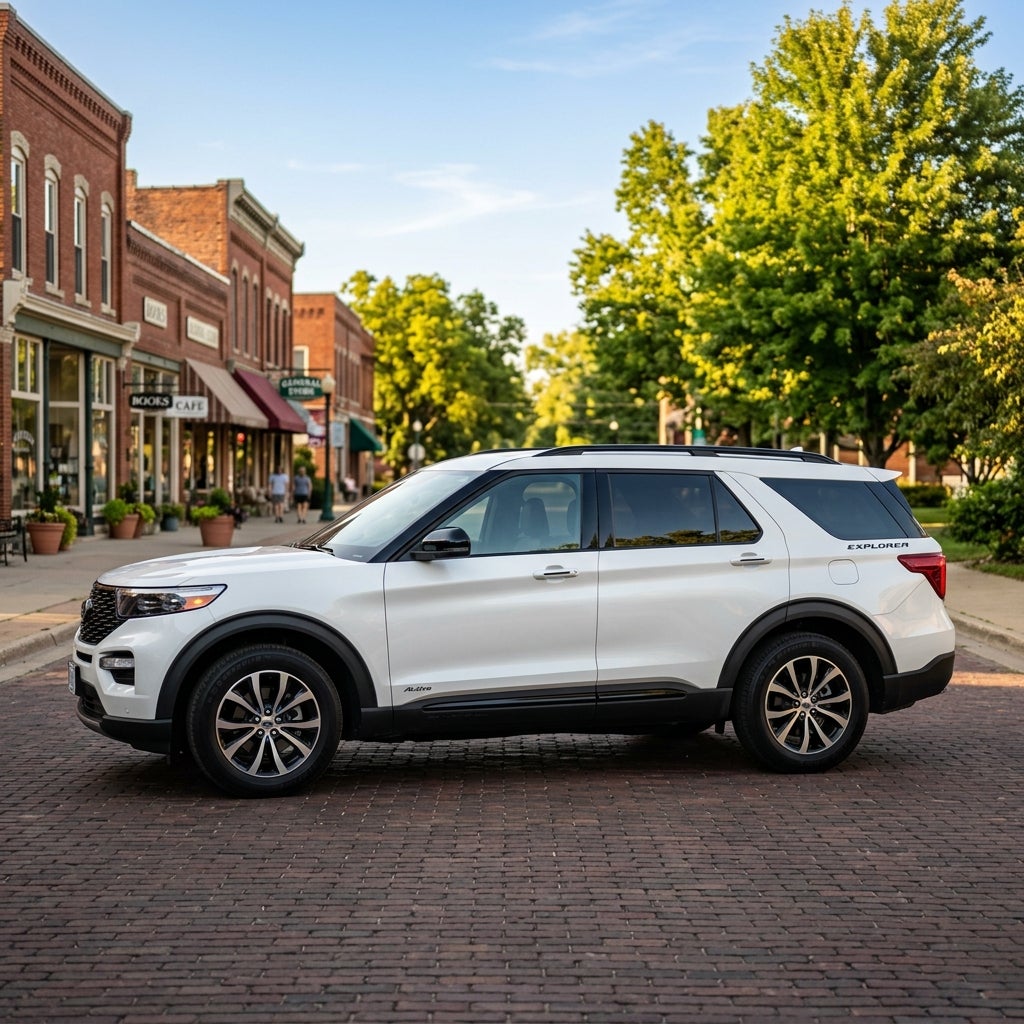 Profile view of a white Ford Explorer SUV parked on a historic red brick street in a small town. (Representative image for illustration purposes only. Actual vehicle may vary based on trim and configuration.)