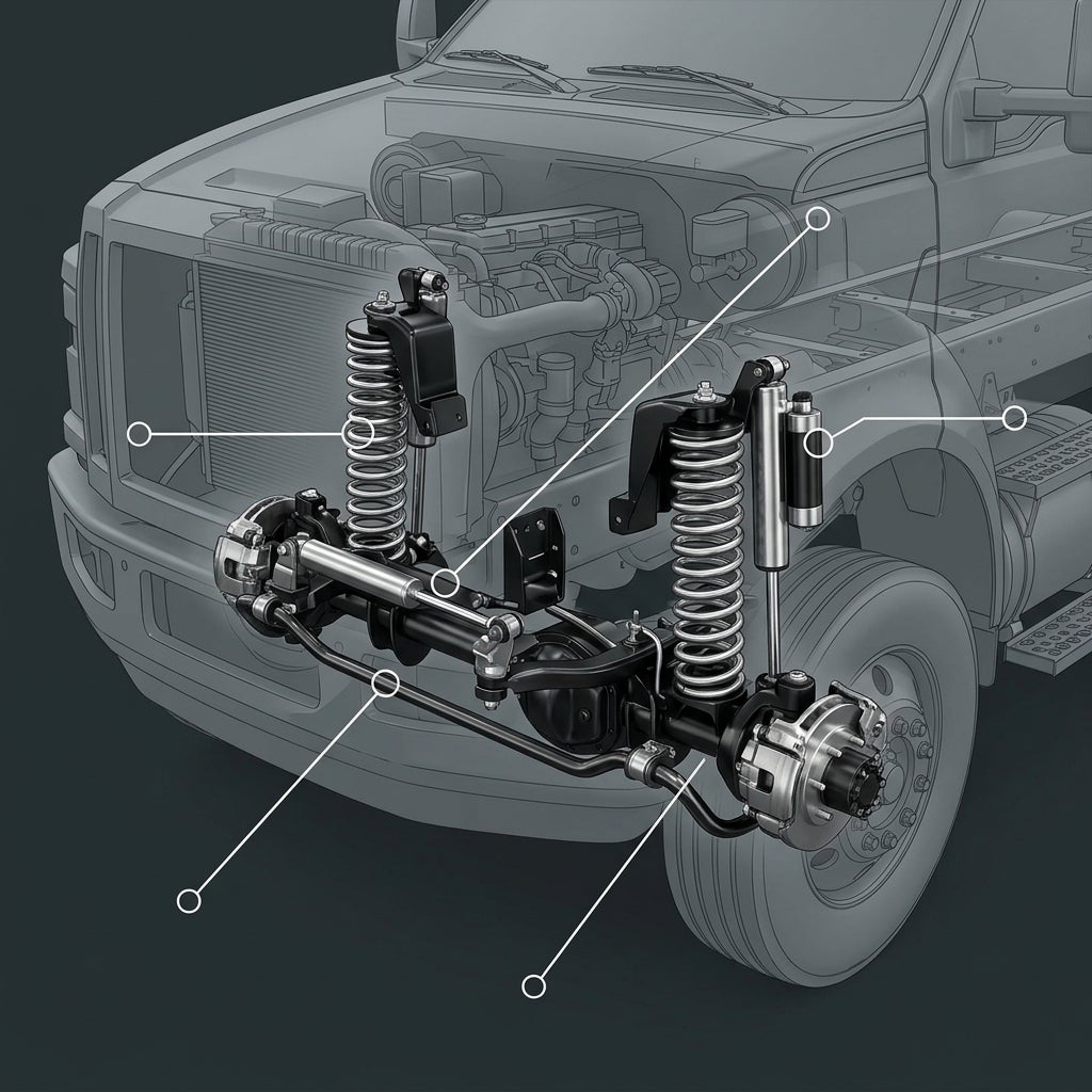 Technical diagram of a heavy-duty truck's front suspension system with blank pointer lines highlighting key components. (Representative image for illustration purposes only. Actual vehicle may vary based on trim and configuration.)