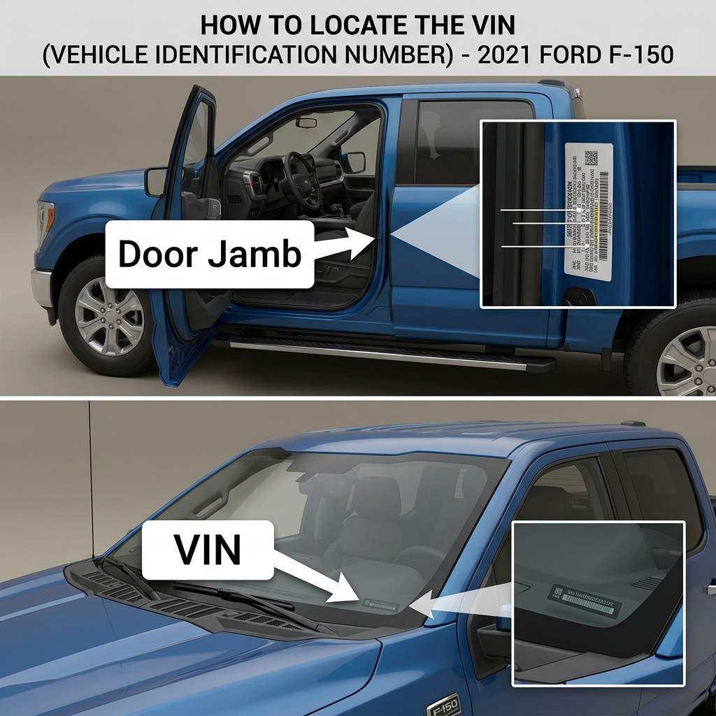 {
"altText": "Diagram showing the two VIN locations on a blue 2021 Ford F-150: driver's side door jamb and lower driver's s (Representative image for illustration purposes only. Actual vehicle may vary based on trim and configuration.)