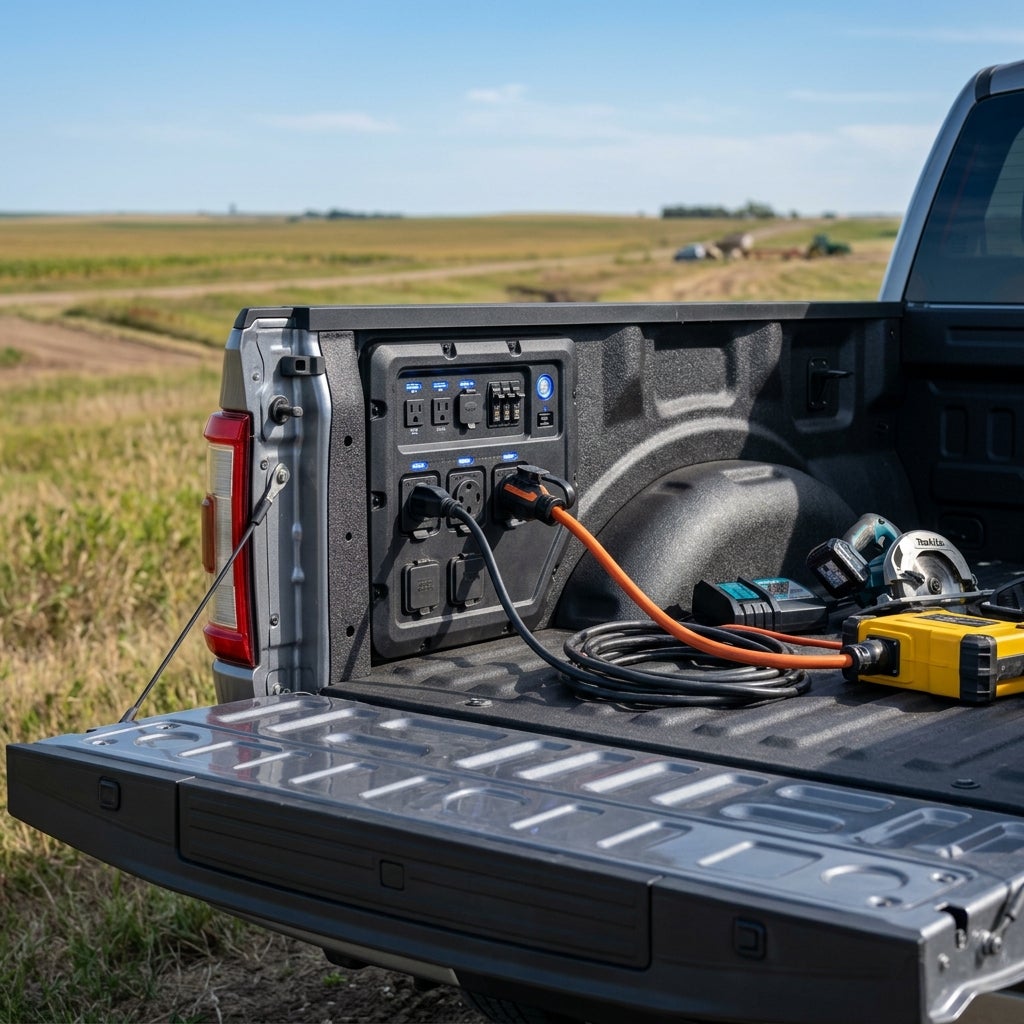 Electric cords plugged into a built-in power outlet panel inside a pickup truck bed powering power tools. (Representative image for illustration purposes only. Actual vehicle may vary based on trim and configuration.)