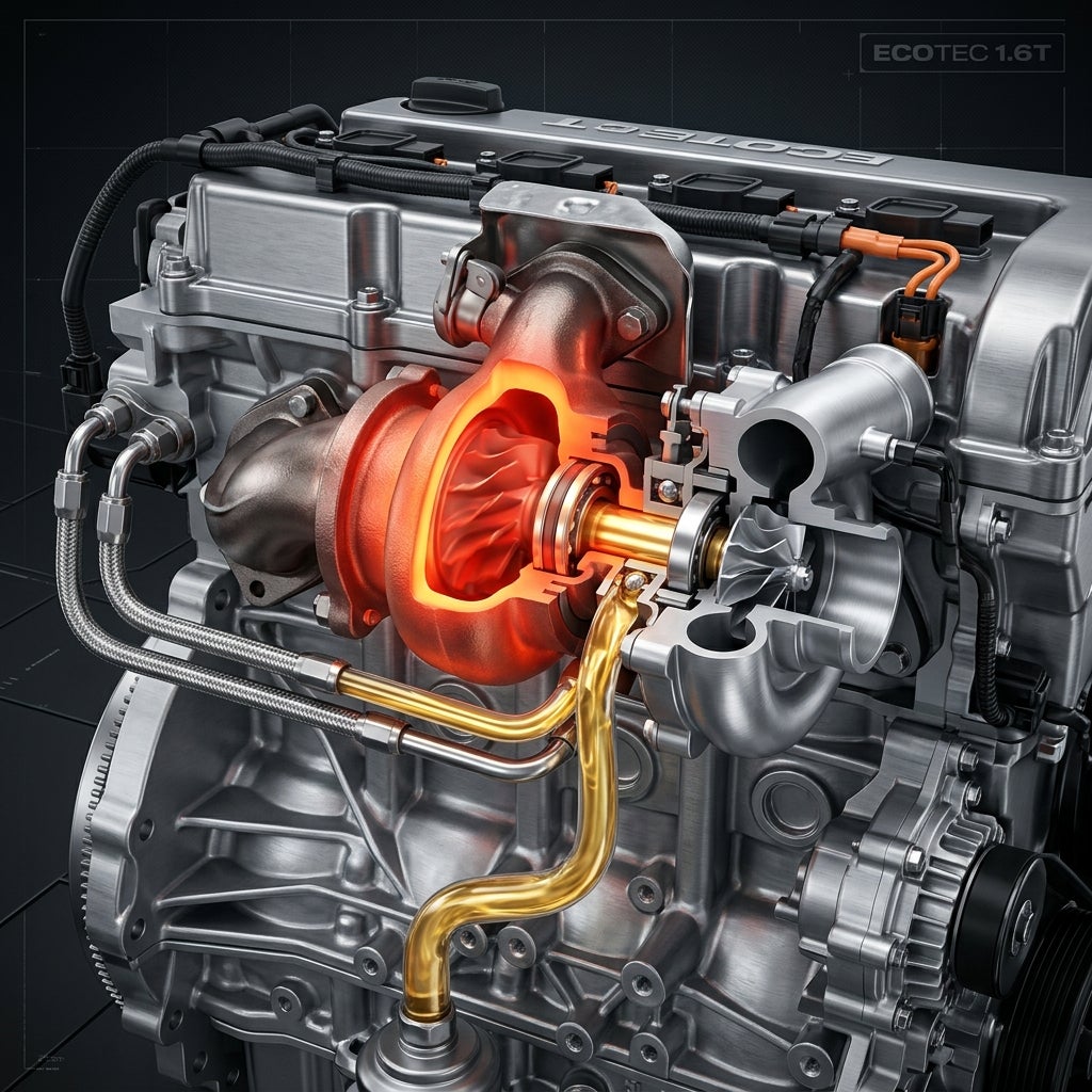 3D technical cutaway illustration of a glowing red turbocharger mounted on a modern car engine block. (Representative image for illustration purposes only. Actual vehicle may vary based on trim and configuration.)