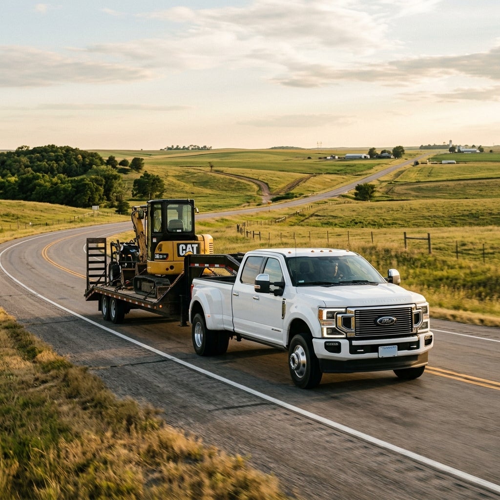 White Ford Super Duty dually truck towing a CAT excavator on a scenic winding road through rolling hills. (Representative image for illustration purposes only. Actual vehicle may vary based on trim and configuration.)