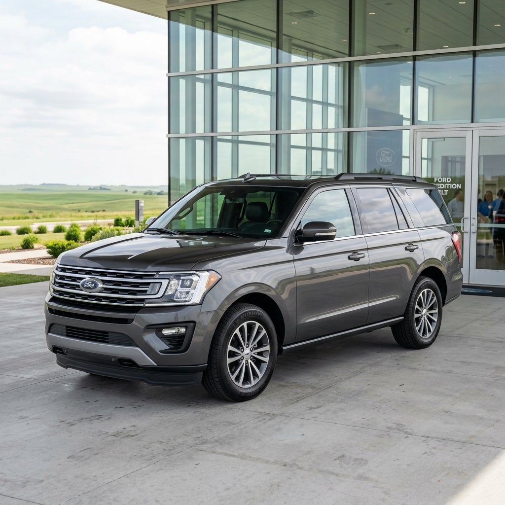 Dark gray Ford Expedition SUV parked on concrete outside a modern dealership with glass windows. (Representative image for illustration purposes only. Actual vehicle may vary based on trim and configuration.)