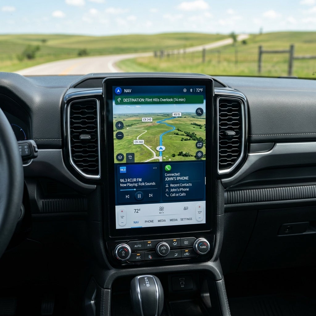 Car dashboard with a vertical touchscreen infotainment screen showing navigation through rural green hills. (Representative image for illustration purposes only. Actual vehicle may vary based on trim and configuration.)