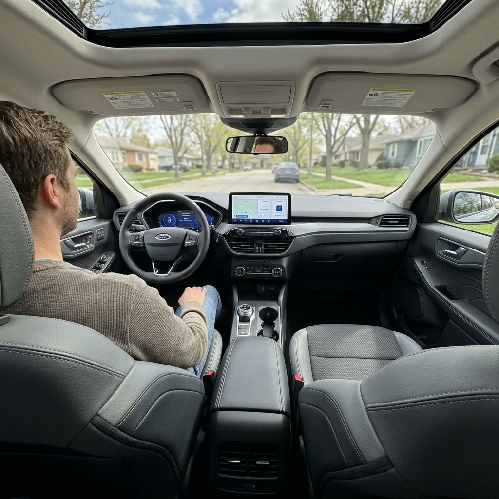 A man sitting in the driver's seat of a modern car with a sunroof, viewing a suburban residential street ahead. (Representative image for illustration purposes only. Actual vehicle may vary based on trim and configuration.)