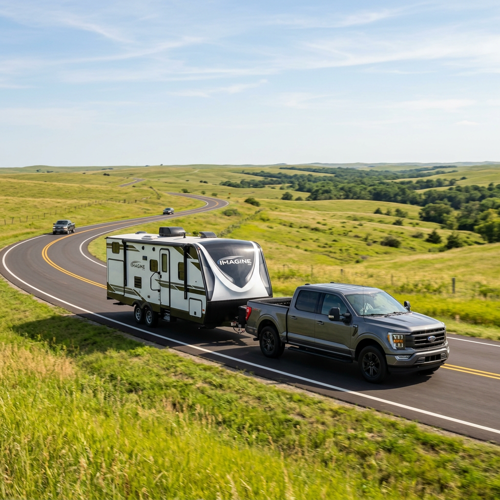 A gray Ford F-150 pickup truck towing a Grand Design Imagine travel trailer on a winding road through green hills. (Representative image for illustration purposes only. Actual vehicle may vary based on trim and configuration.)