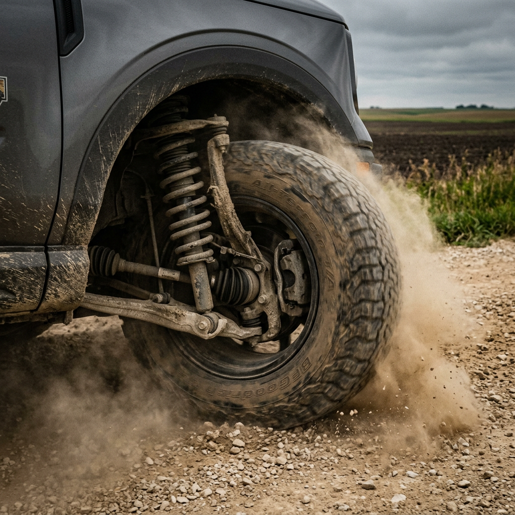 Close-up of a dirty off-road SUV tire kicked up dust on a gravel road, showing suspension details. (Representative image for illustration purposes only. Actual vehicle may vary based on trim and configuration.)