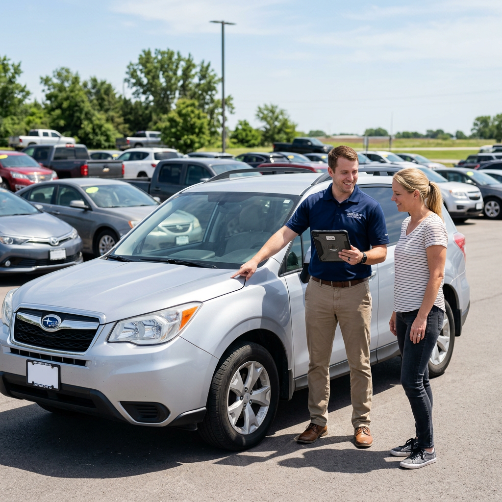A car salesperson holding a tablet points to the hood of a silver Subaru SUV while talking to a female customer on a car lot. (Representative image for illustration purposes only. Actual vehicle may vary based on trim and configuration.)