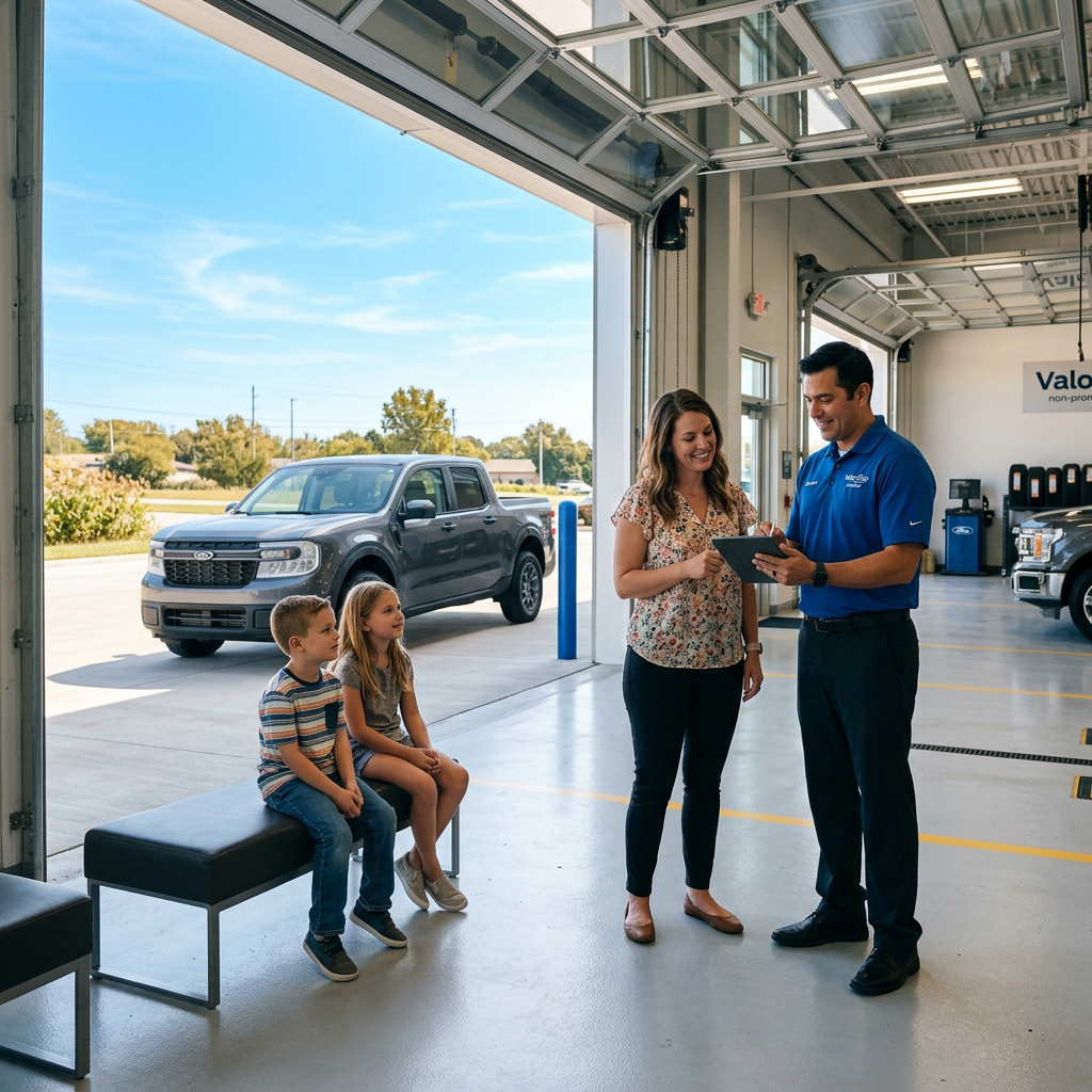A service advisor reviews a tablet with a female customer in an auto service bay while two kids sit nearby. (Representative image for illustration purposes only. Actual vehicle may vary based on trim and configuration.)