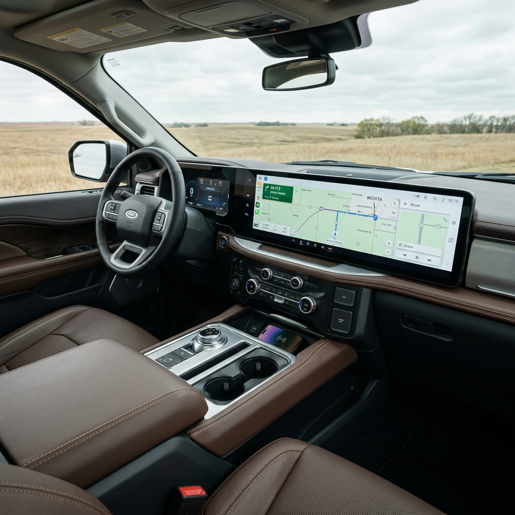 Modern interior of a Ford vehicle featuring premium brown leather seats, a digital instrument cluster, and a large widescreen infotainment display showing a navigation map. (Representative image for illustration purposes only. Actual vehicle may vary based on trim and configuration.)