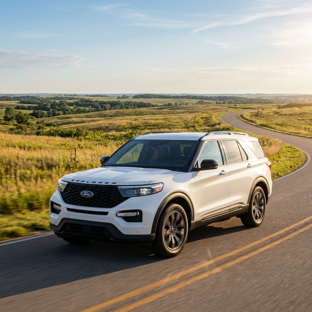 White Ford Explorer SUV driving along a winding asphalt road through rolling green and golden country hills. (Representative image for illustration purposes only. Actual vehicle may vary based on trim and configuration.)