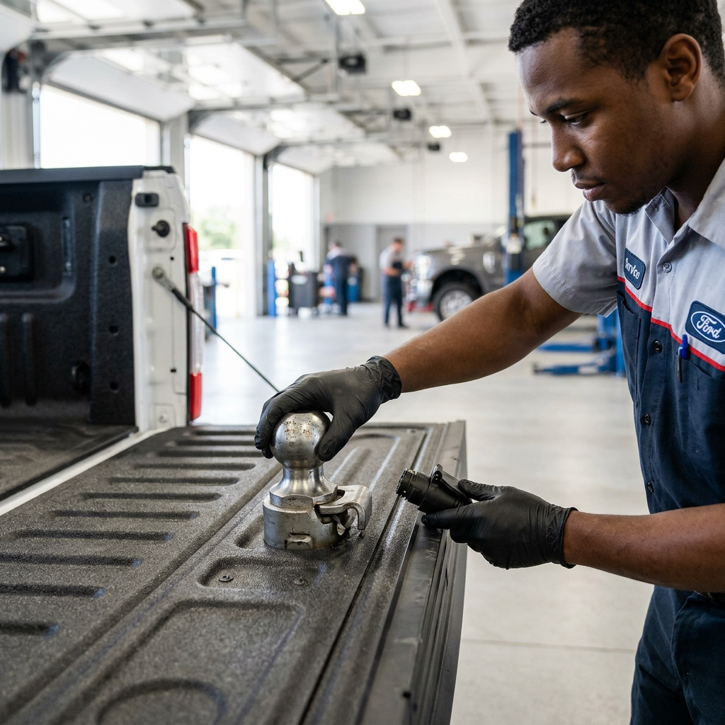 A Ford service technician in uniform examining a trailer hitch ball and electrical plug on a pickup truck tailgate. (Representative image for illustration purposes only. Actual vehicle may vary based on trim and configuration.)