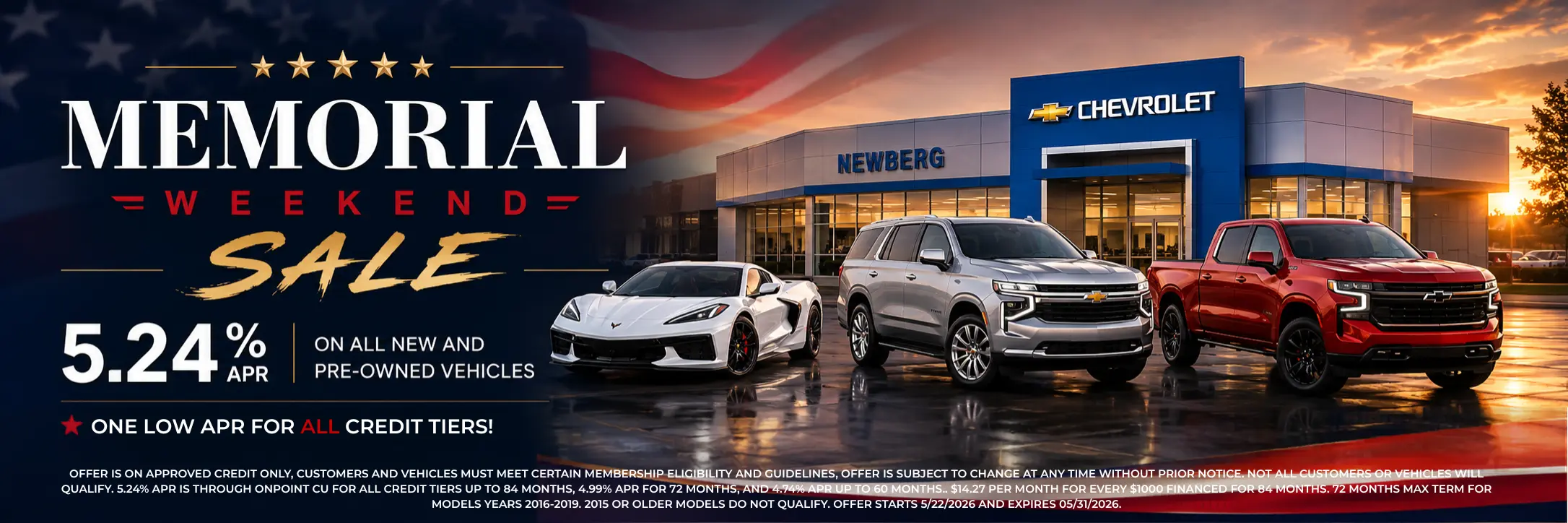 Newberg Chevrolet Memorial Day Weekend Sale — savings on new and used Chevrolet vehicles in Newberg, Oregon.