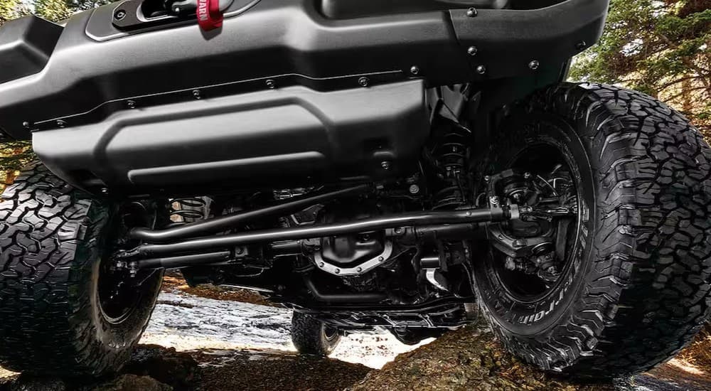 Close-up of the undercarriage on a 2024 Jeep Wrangler.