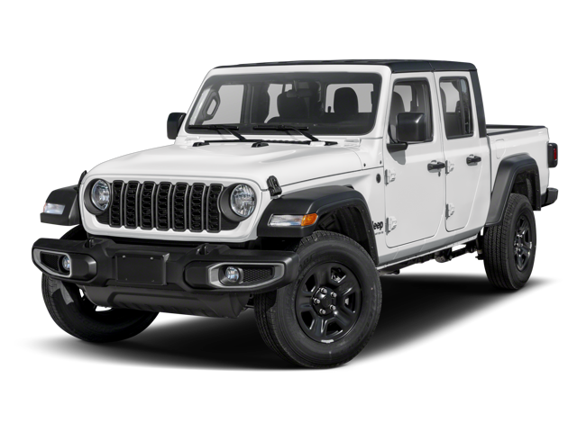 2026 Jeep Gladiator in white showcasing its rugged pickup design, signature seven-slot grille, and off-road capability.