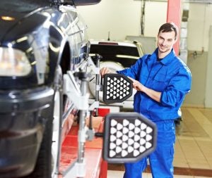 A wheel alignment being performed near Anderson, IN