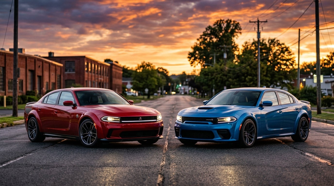 AI generated: Wide-angle cinematic shot, two 2026 Dodge Chargers parked side-by-side on a wide asphalt road in a suburban American landscape, low-angle perspective emphasizing their powerful stances, one electric Daytona model with a sleek modern finish and one internal combustion Sixpack model with aggressive hood vents, dramatic sunset lighting, golden hour glow catching the muscular body lines and wide fender flares, deep shadows under the chassis, a vibrant orange and purple sky, blurred industrial brick buildings and lush trees of the American Northeast in the background, shimmering reflections on the polished metallic paint, high-contrast aesthetic, hyper-realistic photography, 8k resolution, capturing the transition from traditional gasoline power to advanced electric performance, a sense of raw American muscle heritage and futuristic evolution.