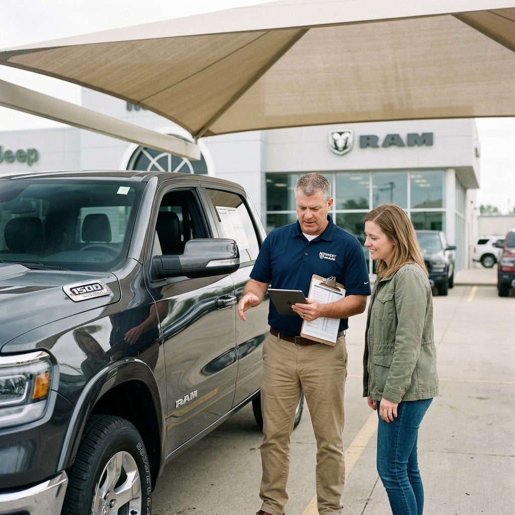 A salesman showing a tablet and clipboard to a woman standing next to a black Ram 1500 truck.
