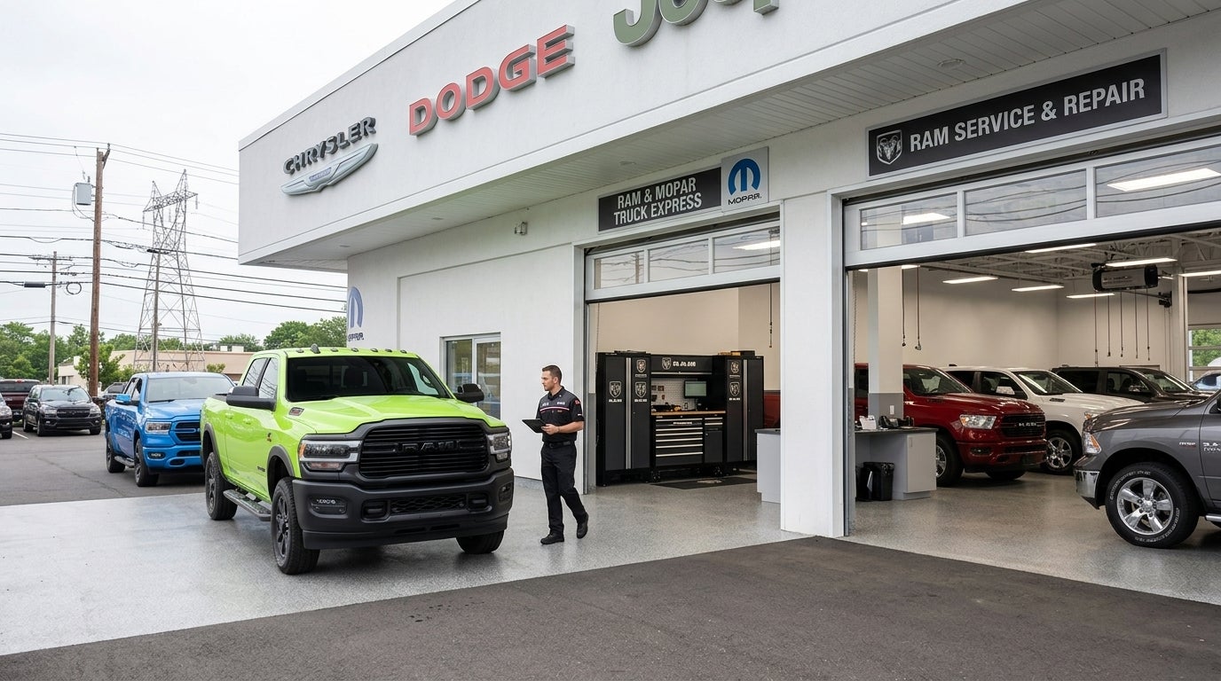A lime green Ram truck parked outside a Chrysler Dodge Jeep Ram service center with a technician nearby.