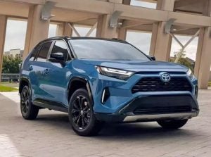A front angle on a 2023 RAV4 Hybrid parked near Noblesville, Indiana.