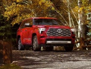 A red 2023 Toyota Sequoia parked outdoors near Noblesville, Indiana