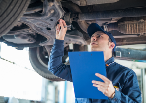An auto inspection being performed at a service center near Noblesville, Toyota