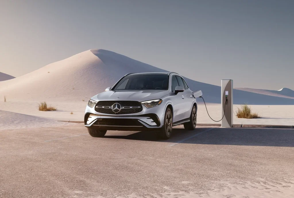 2026 Mercedes-Benz GLC EV charging at an electric station, highlighting EV convenience for Chicago driving