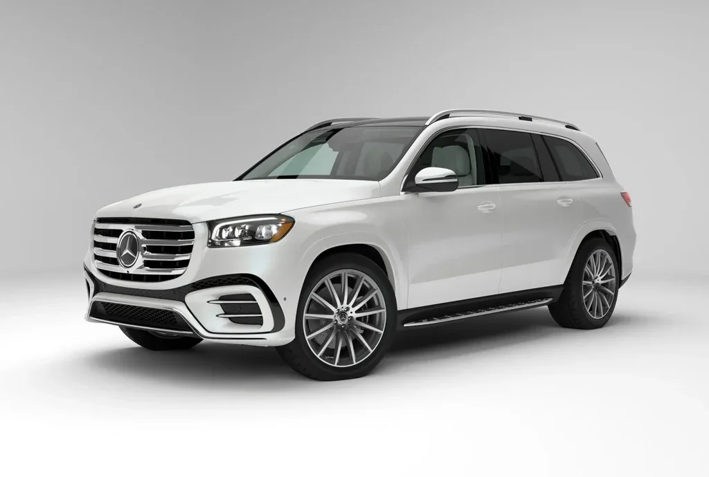 White Mercedes-Benz GLS SUV showing its exterior design and advanced safety features.