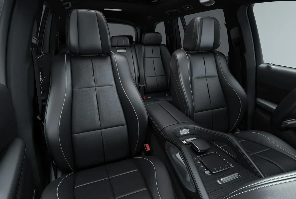 Front interior of a Mercedes-Benz GLS with black leather seats and safety-focused cabin design.