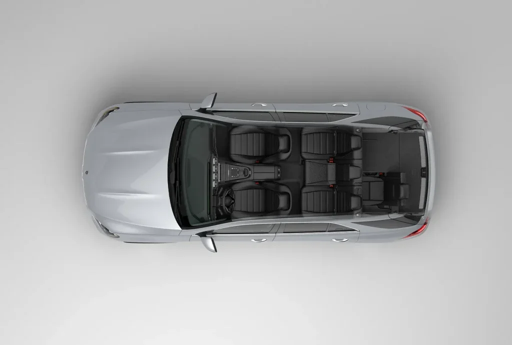 Top-down view of a Mercedes-Benz interior seating layout, showing the spacious cabin design found in the best Mercedes-Benz family cars available right now.