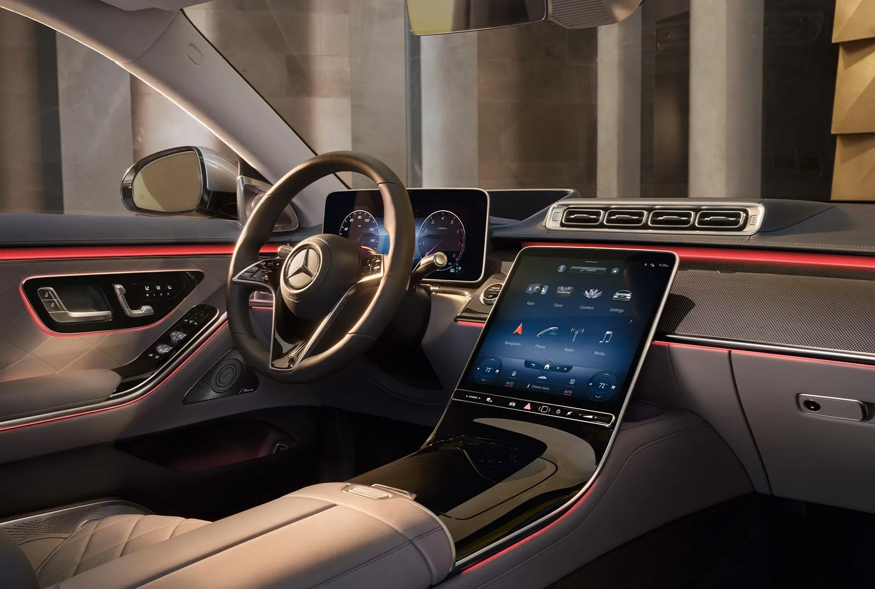2027 Mercedes-Benz S-Class interior with digital displays, ambient lighting, and luxury flagship sedan design.